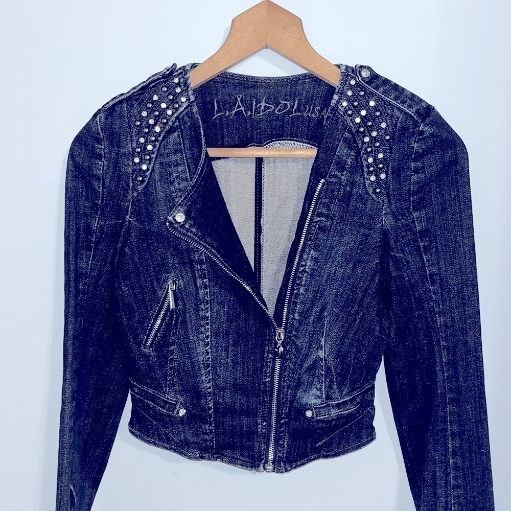 L.A. Idol USA dark denim cropped jacket,size small Jean Rhinestone studs women